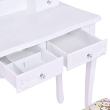 Load image into Gallery viewer, Best seller  casart vanity dressing table with mirror and stool 360 rotating oval makeup mirror classic style delicate carved cushioned benches wood legs vanity tables with divided drawers white