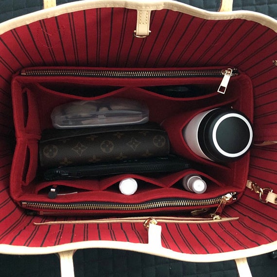 Neverfull GM MM PM Bag Organizer (w/ Double Zipper Pockets), Tote Felt Purse Insert, Cosmetic Diaper Handbag Cherry Gold Metal Zipper by JennyKrafts