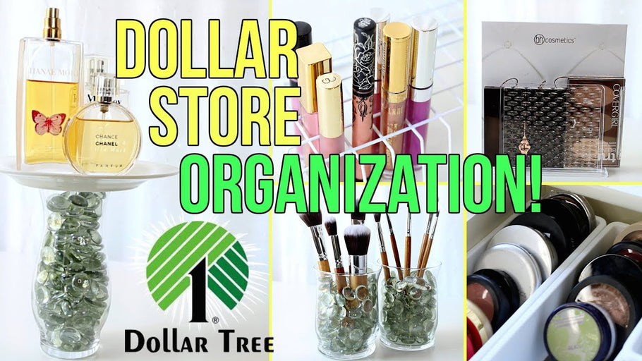 Makeup, beauty products and vanity area organization ideas using items found at the dollar store! Everything shown was found at the Dollar Tree