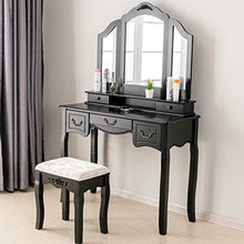 Load image into Gallery viewer, On amazon mecor makeup vanity table w tri folding mirror wood dressing table bedroom vanity set w cushioned stool 5 drawers storage for girls women black