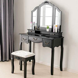 On amazon mecor makeup vanity table w tri folding mirror wood dressing table bedroom vanity set w cushioned stool 5 drawers storage for girls women black