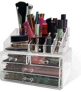 Acrylic Makeup Organizer For Counter / Countertop With Drawers For Brushes Cosmetics Jewelry Holder / Space Saver Two Piece Set By Organized Elegance