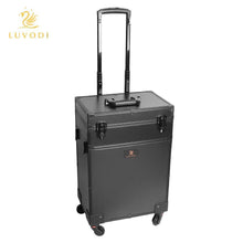 Load image into Gallery viewer, The best luvodi professional 3 in1 rolling makeup train case with mirror and dimmable lights cosmetic vanity trolley studio jewelry organizer luggage wheeled box for mua show travel business
