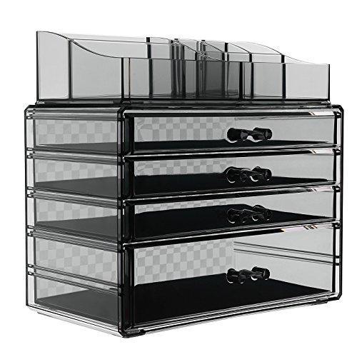 4 Drawers Makeup Organizer 2 Pieces Set Cosmetic Storage Display with 8 Top Compartments Checkered Design Back Smoky Gray