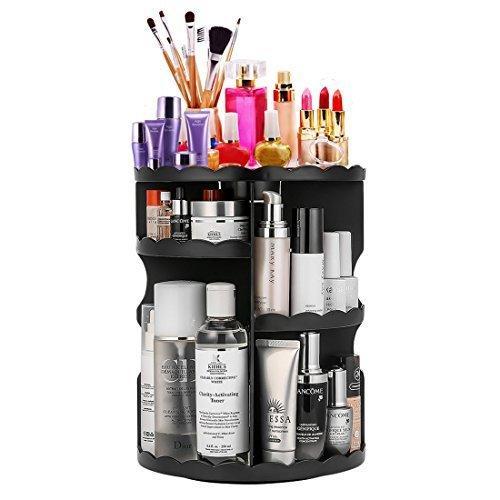Buy now 360 degree rotating makeup organizer adjustable multi function cosmetic storage unit compact size with large capacity fits different types of cosmetics and accessories black