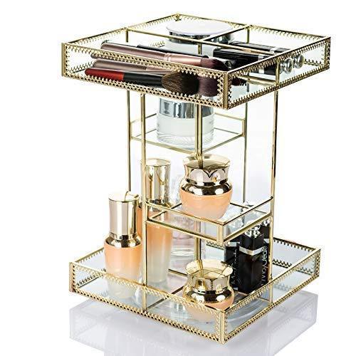 Cheap display4top antique makeup organizer 360 degree rotation adjustable jewelry retro countertop cosmetic storage box for brushes lipsticks skincare toner perfume vanity display gold