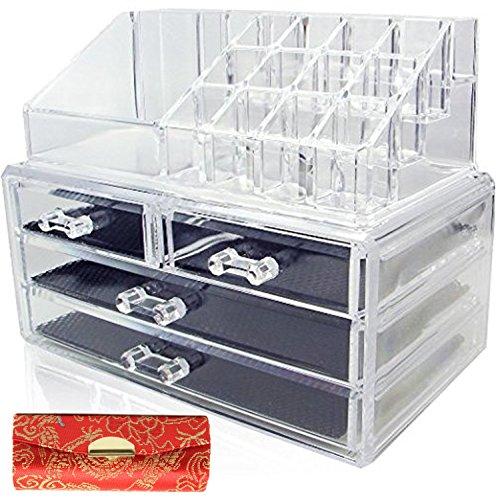 1 Free Lipstick Case + Clear Acrylic Cosmetics Makeup Organizer 4 Drawers With 16 Compartments Top Section