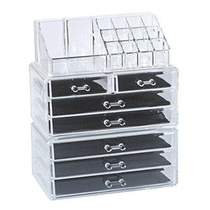 Budget friendly acrylic 3 piece makeup organizer 7 drawers cosmetic organizers jewelry and cosmetic storage grid holders display box colorless two piece set with removable black mesh padding by intriom