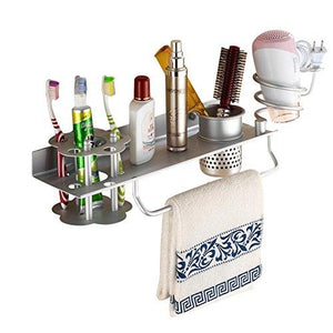 Bathroom Hair Dryer Holder Hair Blow Dryer Comb Holder Organizer Shelf Rack Stand Wall Mounted Hanging Rack with Cup Space Aluminum (with Toothbrush Holder)