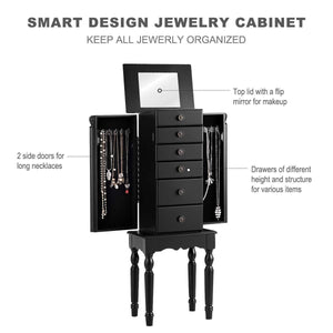 Shop giantex jewelry armoire chest cabinet storage box with top flip makeup mirror large standing organizer for bedroom 10 necklace hooks space saving side swing doors jewelry armoires w 5 drawers black