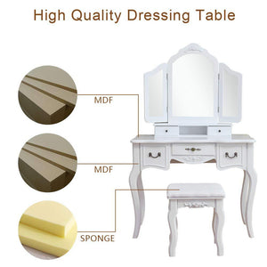 Budget azadx makeup table set tri folding mirror vanity table set dressing table organizers with cushioned stool bedroom white 5 drawer