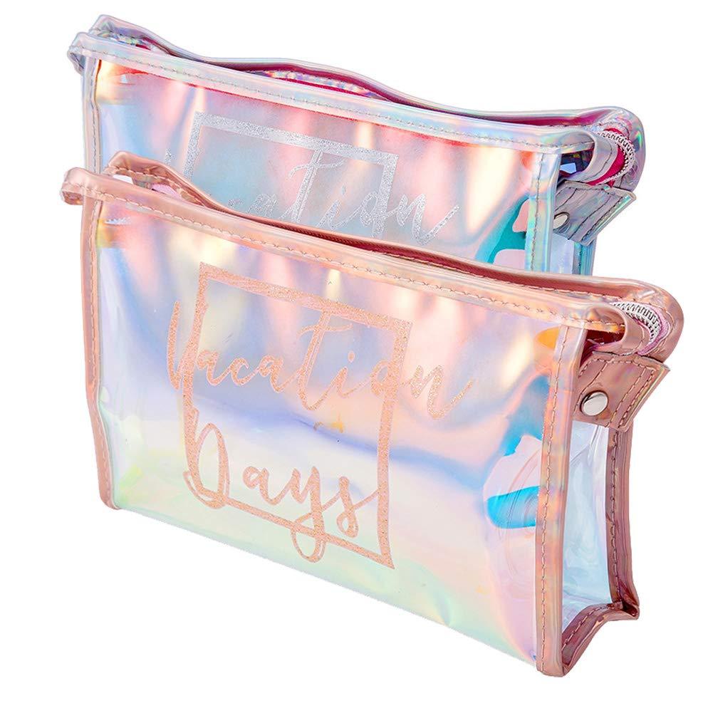2 Packs Makeup Bag Iridescent Cosmetic Case Clutch Waterproof Clear Large Toiletries Pouch Holographic Handy Makeup Pouch Travel Organizer For Women Zipper Bathroom Wash Bags