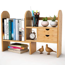 Load image into Gallery viewer, Get tribesigns bamboo desktop bookshelf counter top bookcase adjustable with 2 drawers desk storage organizer display shelf rack for office supplies kitchen bathroom makeup natural