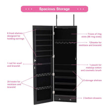 Load image into Gallery viewer, Products giantex wall door jewelry armoire cabinet with mirror 2 led lights auto on large storage wide mirrored 1 scarf rod 36 hooks 1 makeup pouch organizer for bedroom jewelry amoires w 2 drawers white