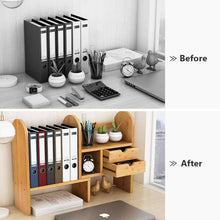 Load image into Gallery viewer, Kitchen tribesigns bamboo desktop bookshelf counter top bookcase adjustable with 2 drawers desk storage organizer display shelf rack for office supplies kitchen bathroom makeup natural