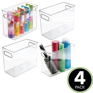 Discover the best mdesign slim plastic storage container bin with handles bathroom cabinet organizer for toiletries makeup shampoo conditioner face scrubbers loofahs bath salts 5 wide 4 pack clear