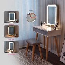 Load image into Gallery viewer, Featured vanity table set with adjustable brightness mirror and cushioned stool dressing table vanity makeup table with free make up organizer