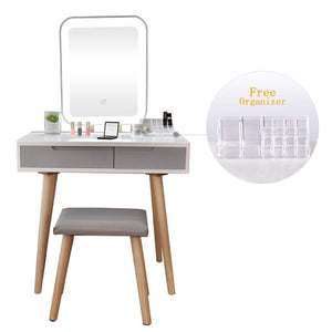 Discover the vanity table set with adjustable brightness mirror and cushioned stool dressing table vanity makeup table with free make up organizer