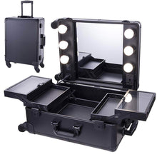 Load image into Gallery viewer, Organize with chende black pro studio artist train rolling makeup case with light wheeled organizer hollywood vanity set with mirror lights for dressing room black