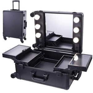 Organize with chende black pro studio artist train rolling makeup case with light wheeled organizer hollywood vanity set with mirror lights for dressing room black