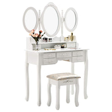 Load image into Gallery viewer, Online shopping honbay trifold mirrors makeup vanity table set cushioned stool and surprise gift makeup organizer with 7 drawers dressing table white