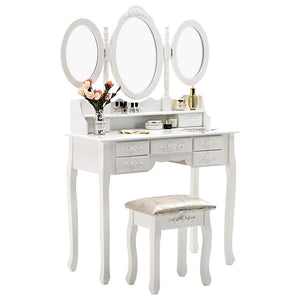 Online shopping honbay trifold mirrors makeup vanity table set cushioned stool and surprise gift makeup organizer with 7 drawers dressing table white