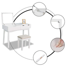 Load image into Gallery viewer, Shop here vanity set with dressing table flip top mirror organizer cushioned stool makeup wooden writing desk 2 drawers easy assembly beauty station bathroom white