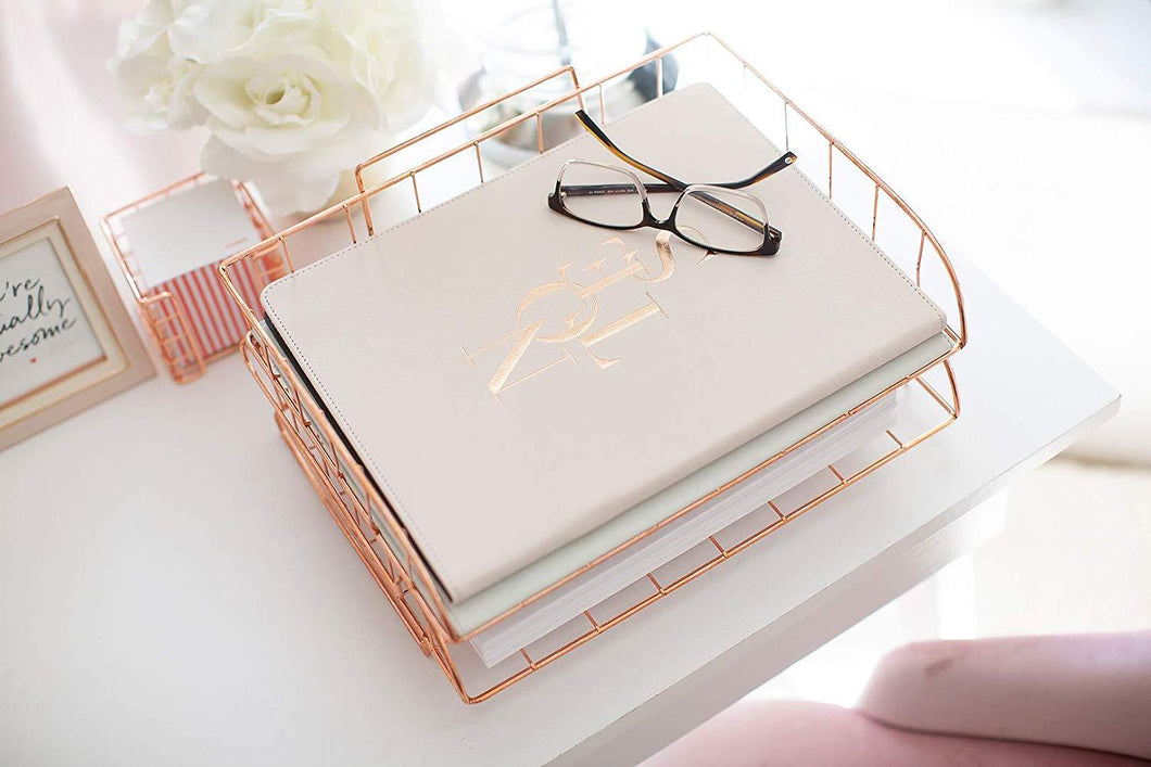 Blu Monaco Rose Gold Desk Organizer Stackable Paper Tray Set of 2 - Metal Wire Two Tier Tray - Stackable Letter Tray - Inbox Tray for Desk