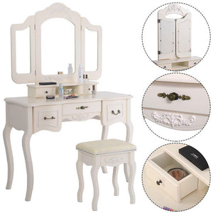 Best azadx makeup table set tri folding mirror vanity table set dressing table organizers with cushioned stool bedroom white 5 drawer