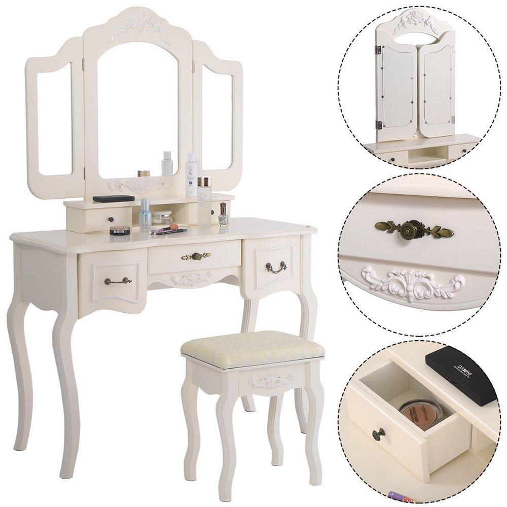 Best azadx makeup table set tri folding mirror vanity table set dressing table organizers with cushioned stool bedroom white 5 drawer