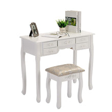 Load image into Gallery viewer, New honbay trifold mirrors makeup vanity table set cushioned stool and surprise gift makeup organizer with 7 drawers dressing table white