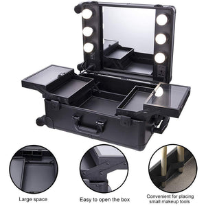 Products chende black pro studio artist train rolling makeup case with light wheeled organizer hollywood vanity set with mirror lights for dressing room black