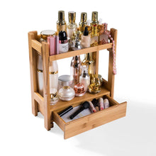 Load image into Gallery viewer, Shop for pelyn makeup organizer cosmetic storage vanity shelf display stand rack with drawer ideal for bathroom sink countertop dresser natural bamboo