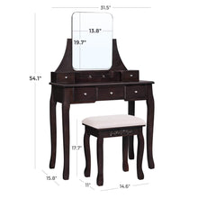 Load image into Gallery viewer, Shop here vasagle vanity table set with large frameless mirror makeup dressing table set for bedroom bathroom 5 drawers and 1 removable storage box cushioned stool walnut urdt25wn