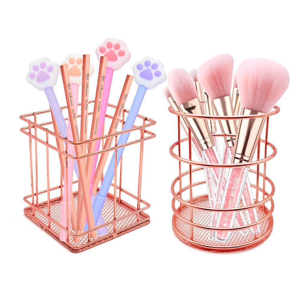 2 Pack Pencil Holder, Square+Round Iron Wire Metal Desktop Pencil Holder Stationary Makeup Organizer Holder for Office Home (Rose Gold)