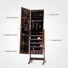 Load image into Gallery viewer, Amazon mecor jewelry armoire led standing mirrored jewelry cabinet organizer storage lockable full length mirror makeup box w 2 drawers 5 shelves 3 adjustable angle brown