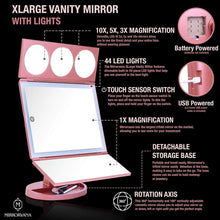 Load image into Gallery viewer, Organize with mirrorvana xlarge vanity mirror with lights extravagant trifold led lighted makeup mirror with 3x 5x 10x magnification bonus usb cable 2018 xlarge rose gold model