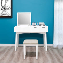 Load image into Gallery viewer, Purchase 39 17inch vanity dressing table set with flip top mirror makeup table writing desk 2 drawers 1 large storage space with drop organizers cushioned stool easy assembly white