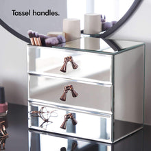 Load image into Gallery viewer, Latest beautify mirrored glass cosmetic makeup jewelry organizer with 3 drawers and makeup brushes section includes glass cleaning cloth and rose gold handles