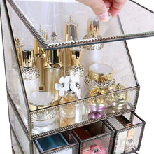Load image into Gallery viewer, Storage hersoo large cosmetics makeup organizer transparent bathroom accessories storage glass display with slanted front open lid cosmetic stackable holder for makeup brushes perfumes skincare