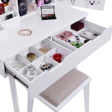 Load image into Gallery viewer, Storage organizer bewishome vanity set with mirror jewelry cabinet jewelry armoire makeup organizer cushioned stool 2 sliding drawers white makeup vanity desk dressing table fst04w
