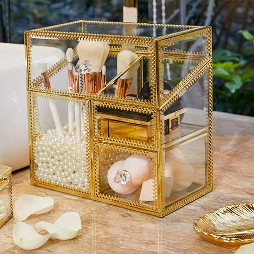 Storage organizer putwo makeup organizer handmade vintage brass edge makeup brush holder glass makeup brushes storage cosmetic organizer makeup vanity decoration jewelry box make up brushes holder with free pearls