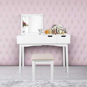 Shop vanity set with dressing table flip top mirror organizer cushioned stool makeup wooden writing desk 2 drawers easy assembly beauty station bathroom white