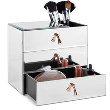 Load image into Gallery viewer, Get beautify mirrored glass cosmetic makeup jewelry organizer with 3 drawers and makeup brushes section includes glass cleaning cloth and rose gold handles