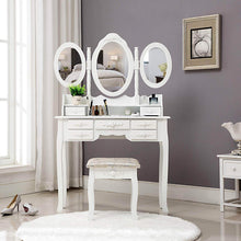 Load image into Gallery viewer, Heavy duty honbay trifold mirrors makeup vanity table set cushioned stool and surprise gift makeup organizer with 7 drawers dressing table white