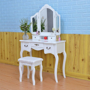 Cheap azadx makeup table set tri folding mirror vanity table set dressing table organizers with cushioned stool bedroom white 5 drawer