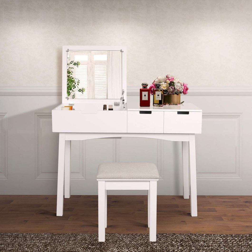 Products vanity beauty station dresing table vanity set with flip top mirror 1 large organization 2 drawers makeup dresser writing desk white flip mirror
