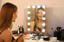 Load image into Gallery viewer, Order now hollywood lighted vanity makeup mirror light up professional mirror with storage 3 color lighting modes large cosmetic mirror with 12 dimmable bulbs for dressing table