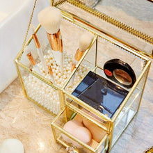 Load image into Gallery viewer, Top rated putwo makeup organizer handmade vintage brass edge makeup brush holder glass makeup brushes storage cosmetic organizer makeup vanity decoration jewelry box make up brushes holder with free pearls