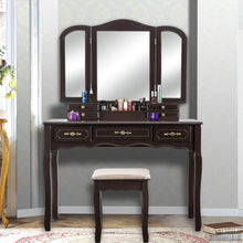 Load image into Gallery viewer, Top rated youke vanity set tri folding necklace hooked mirror 7 drawers makeup dressing table with cushioned stool easy assemblebrown